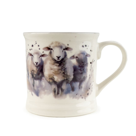 Candlelight Country Sheep ceramic tankard mug featuring watercolour artwork of three sheep on a white background