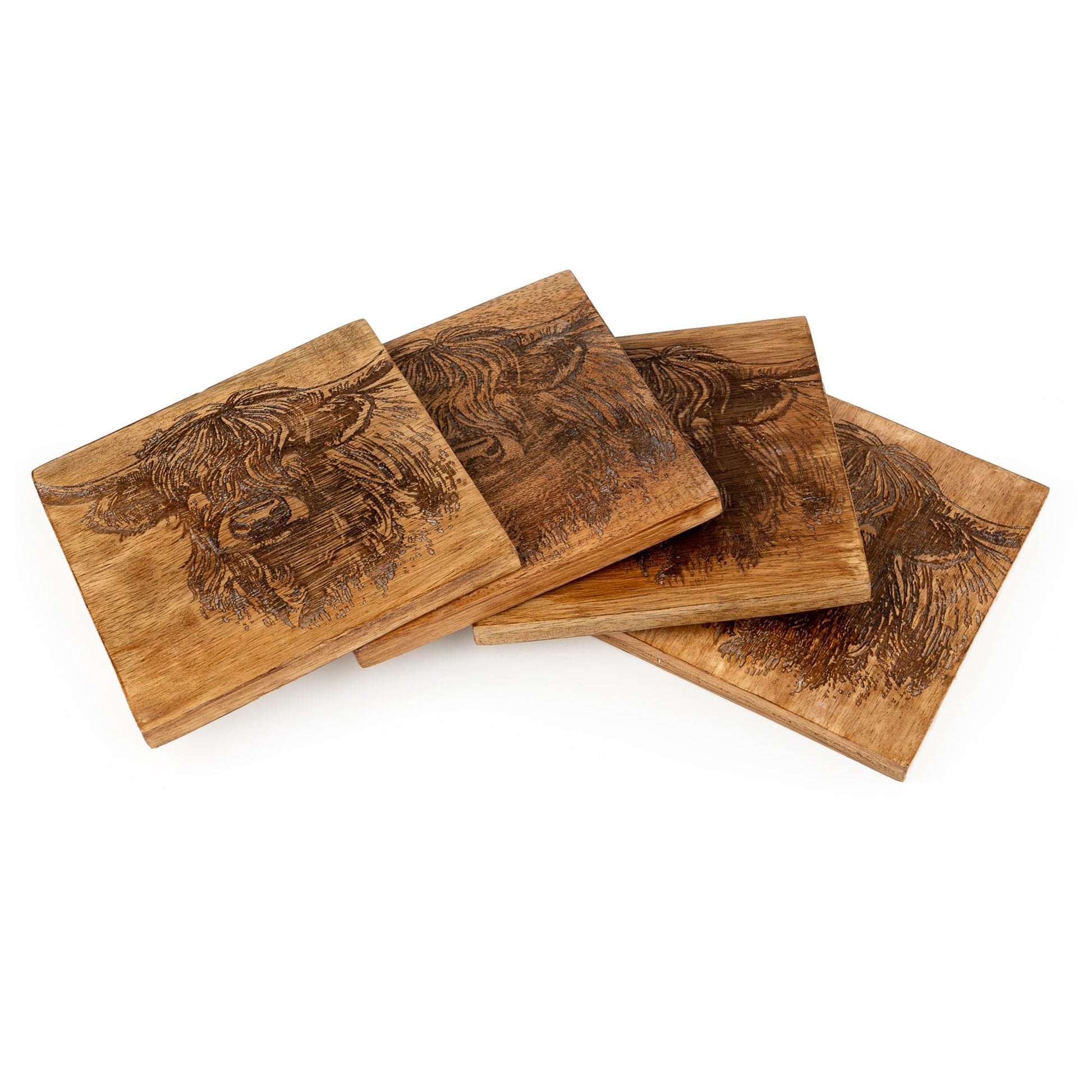 Candlelight Etched Highland Cow Wooden Coaster Set