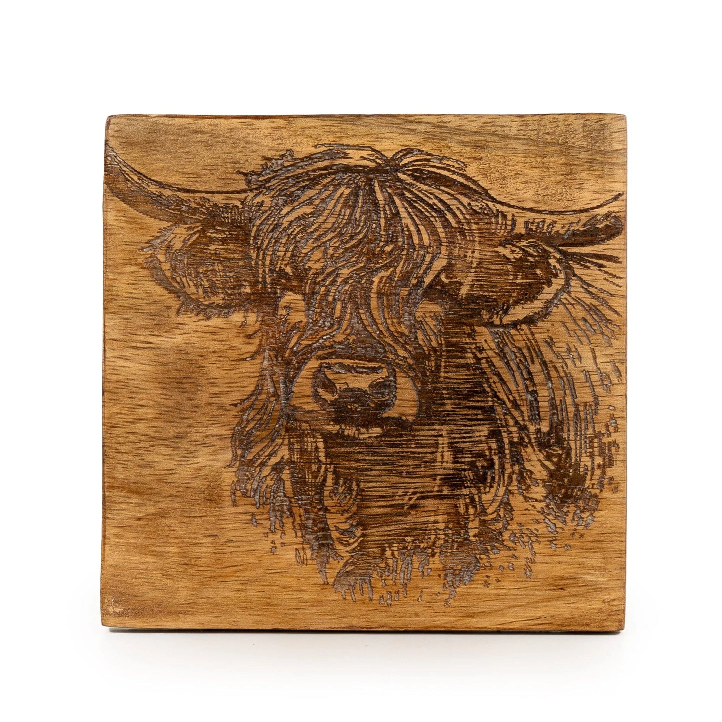 Candlelight Etched Highland Cow Wooden Coaster Set