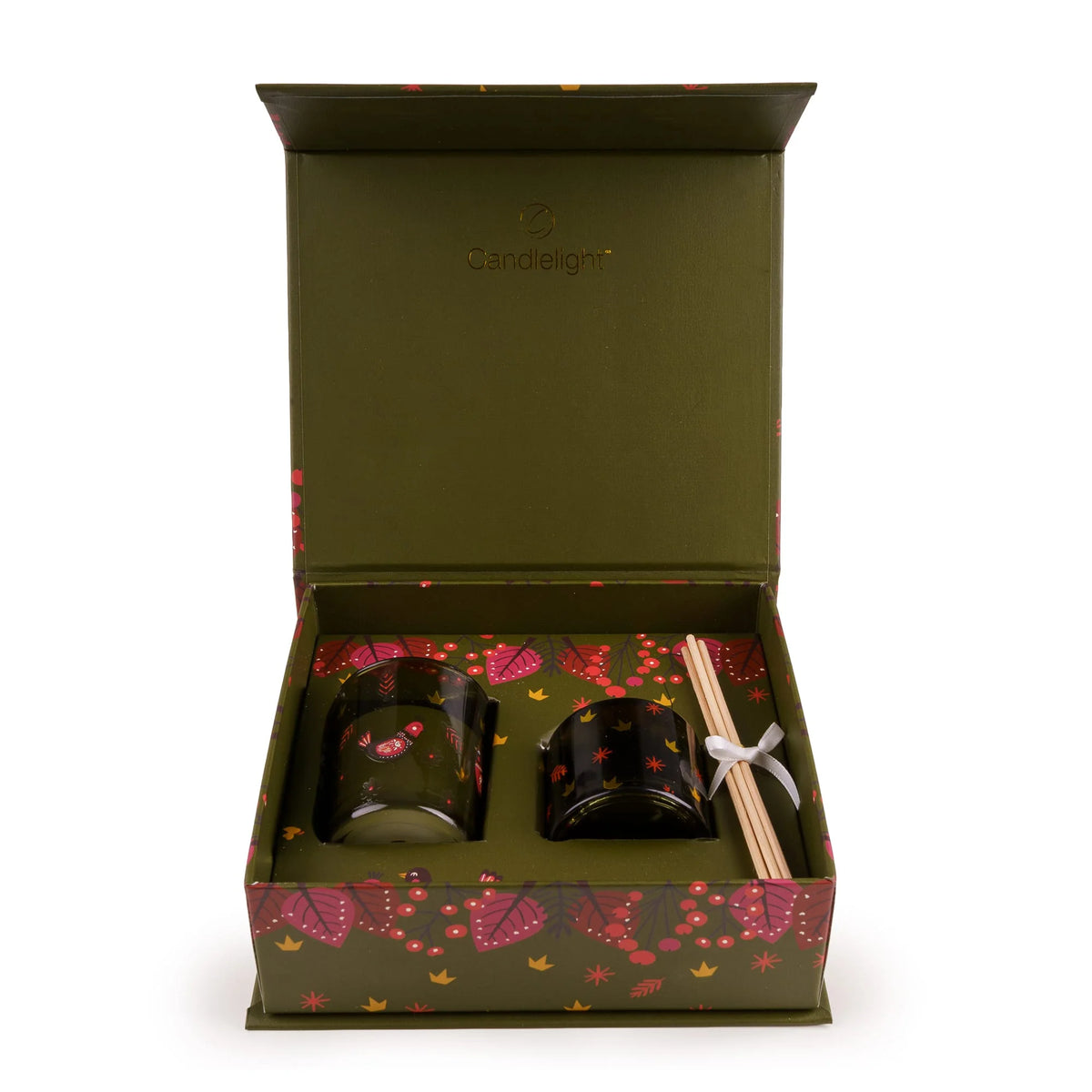 Candlelight Birds in Green home fragrance gift set featuring a green glass candle and reed diffuser with bird motifs