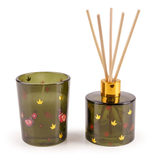 Candlelight Birds in Green home fragrance gift set featuring a green glass candle and reed diffuser with bird motifs