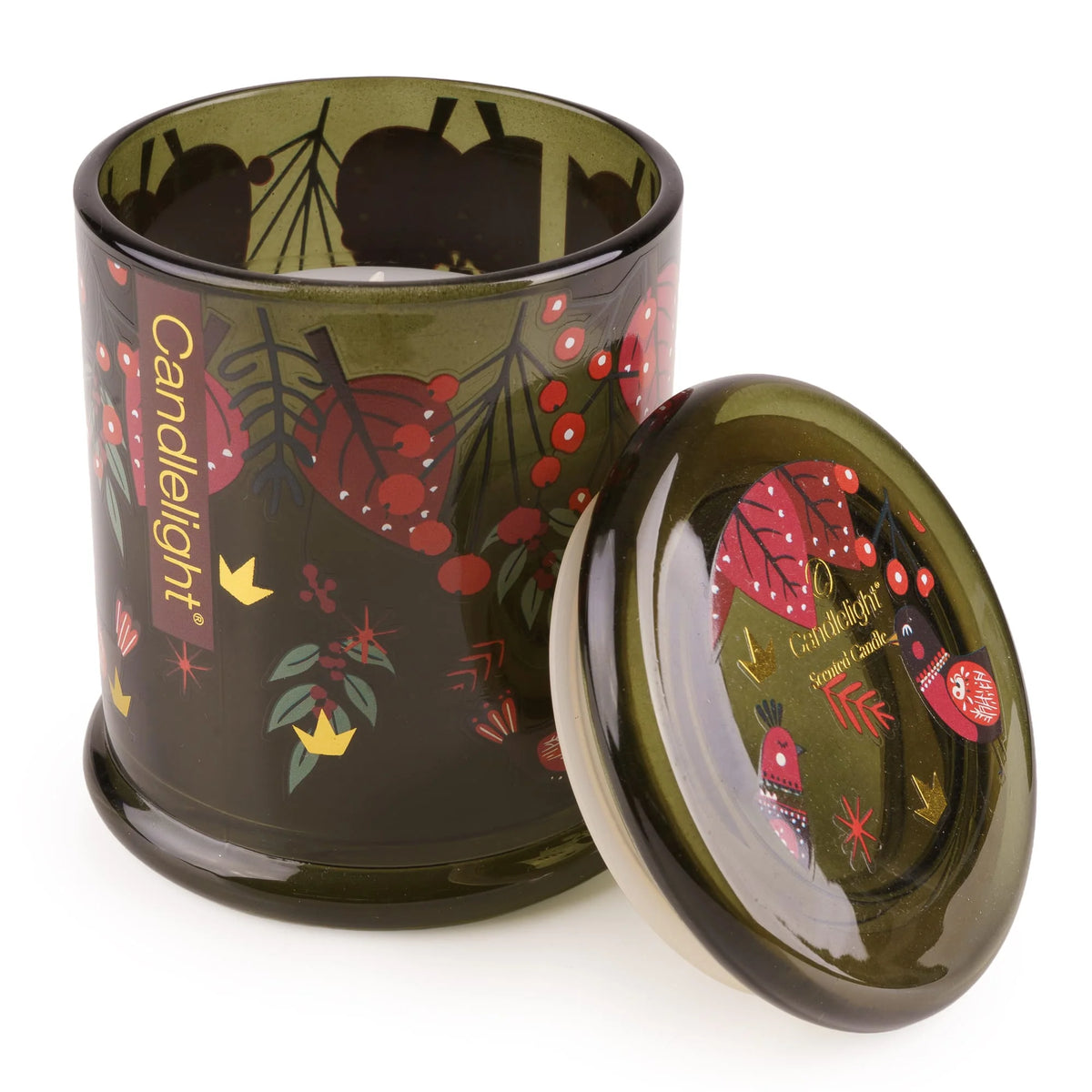 Candlelight Festive Florals Birds in Green large glass jar candle with matching lid and bird illustrations