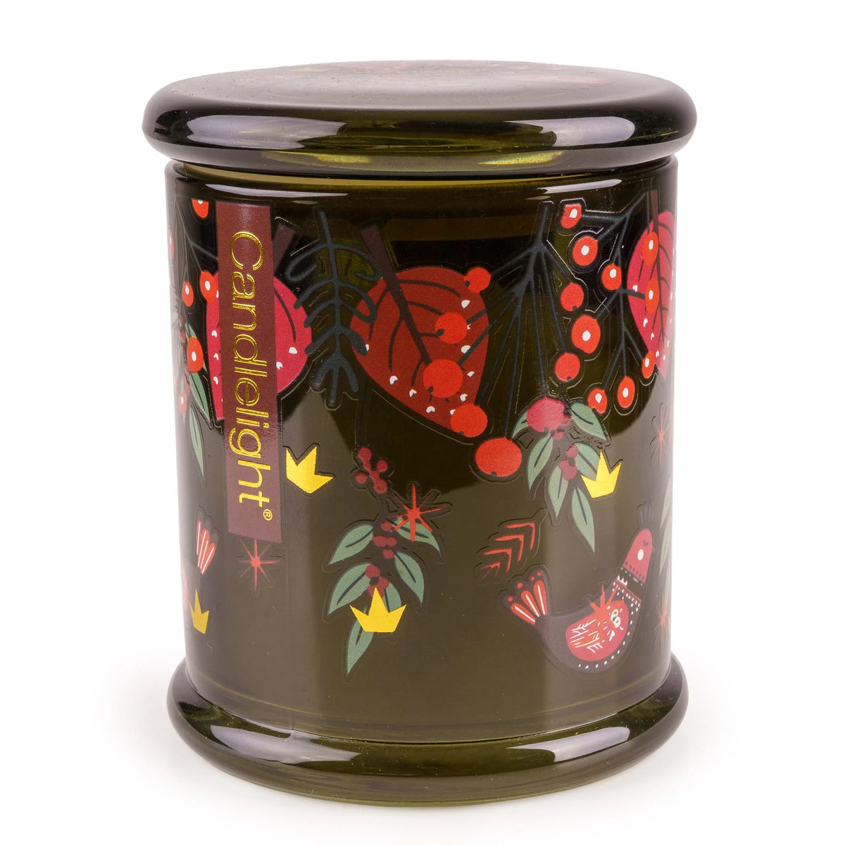 Candlelight Festive Florals Birds in Green large glass jar candle with matching lid and bird illustrations