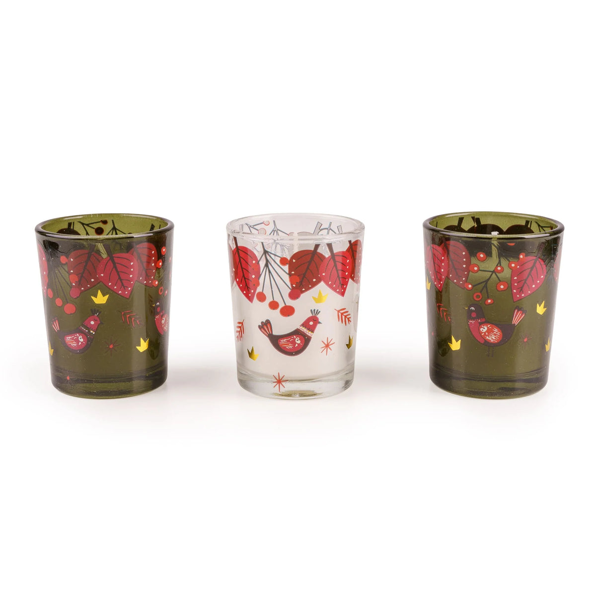 Candlelight Festive Florals Birds in Green set of 3 glass votive candles lined up in front of their green gift box