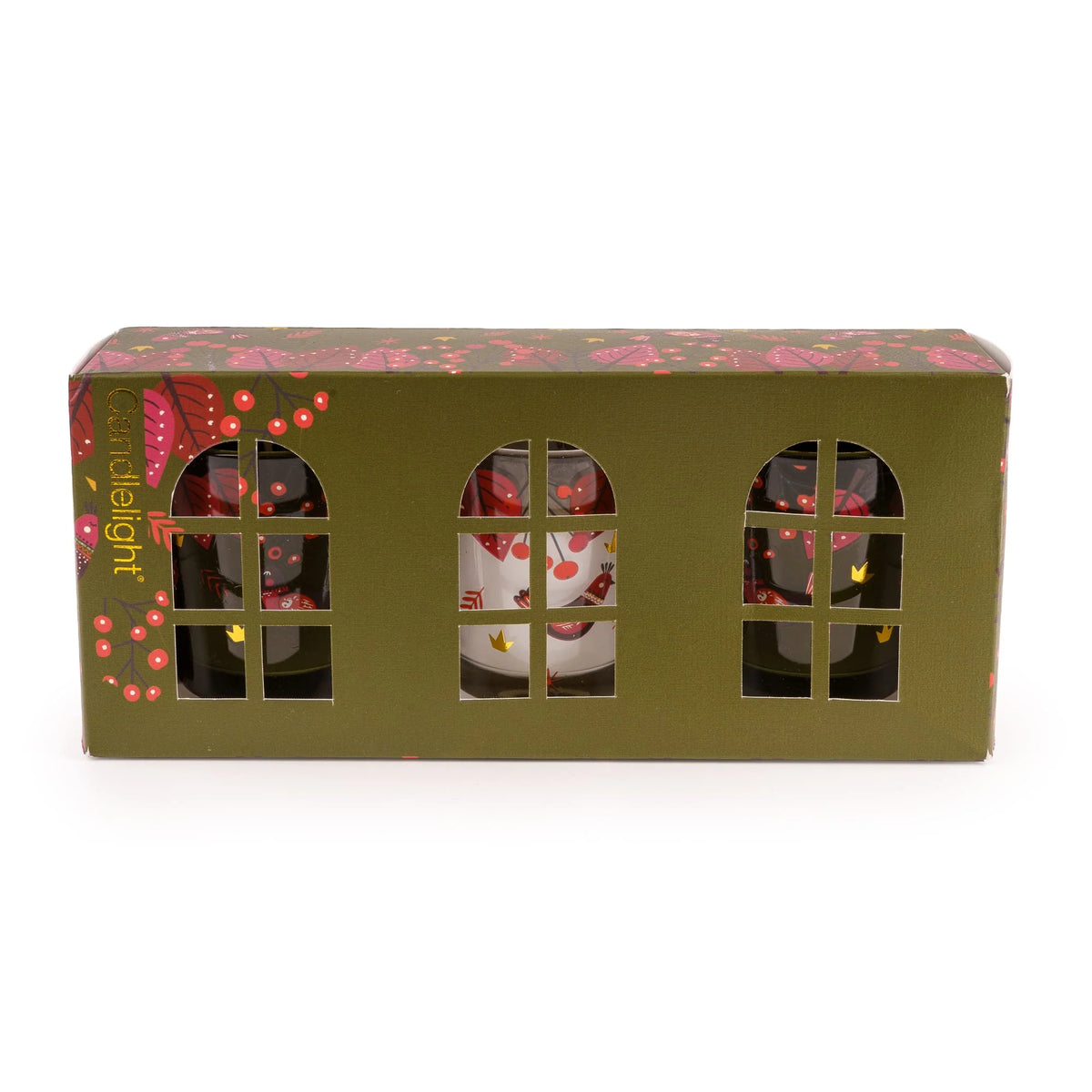 Candlelight Festive Florals Birds in Green set of 3 glass votive candles lined up in front of their green gift box