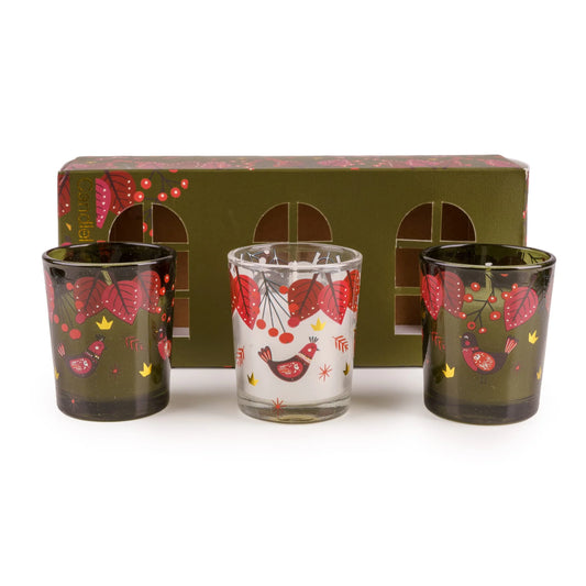 Candlelight Festive Florals Birds in Green set of 3 glass votive candles lined up in front of their green gift box