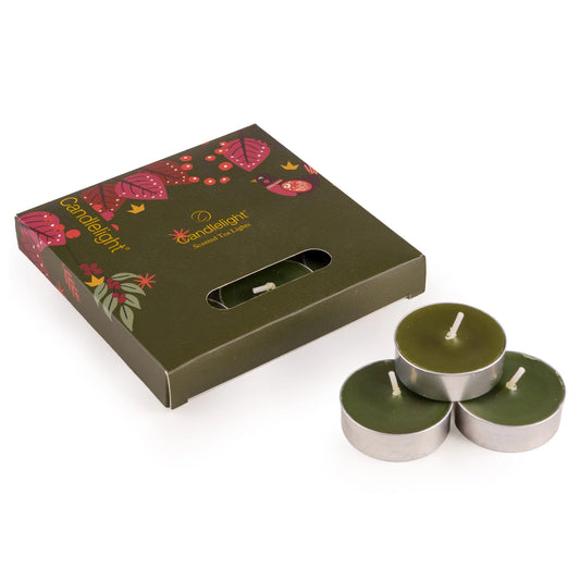 Candlelight Festive Florals Birds in Green set of 9 scented tealights shown next to their green illustrated presentation box
