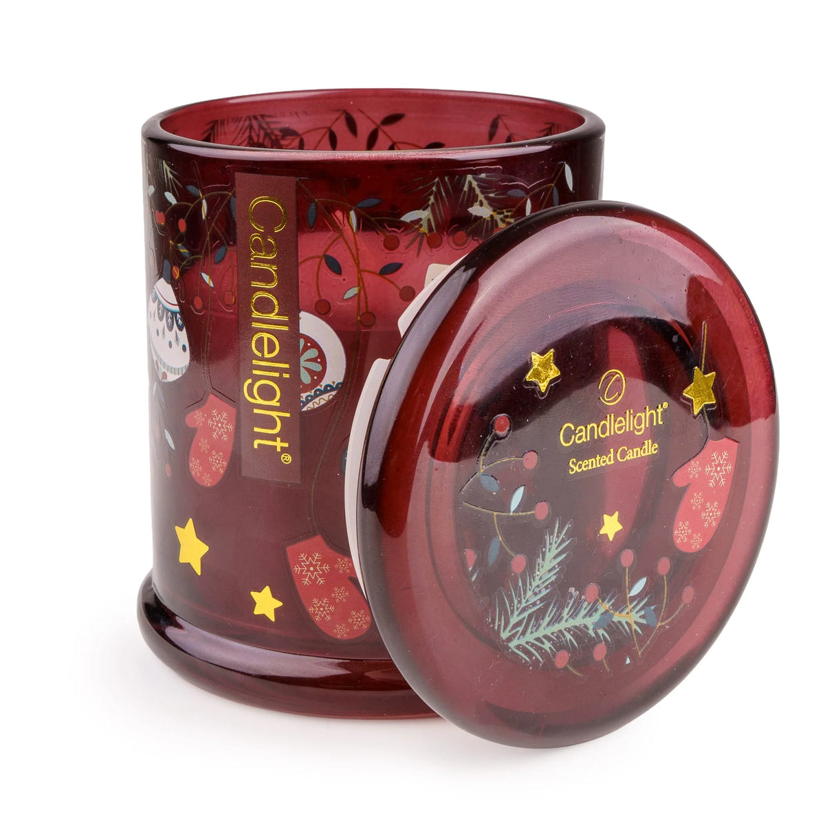 Candlelight Festive Florals Red Stockings & Baubles large glass jar candle beside its matching decorated glass lid