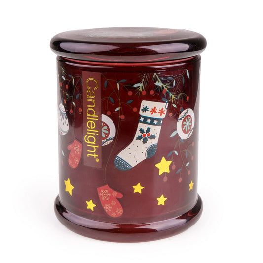 Candlelight Festive Florals Red Stockings & Baubles large glass jar candle beside its matching decorated glass lid