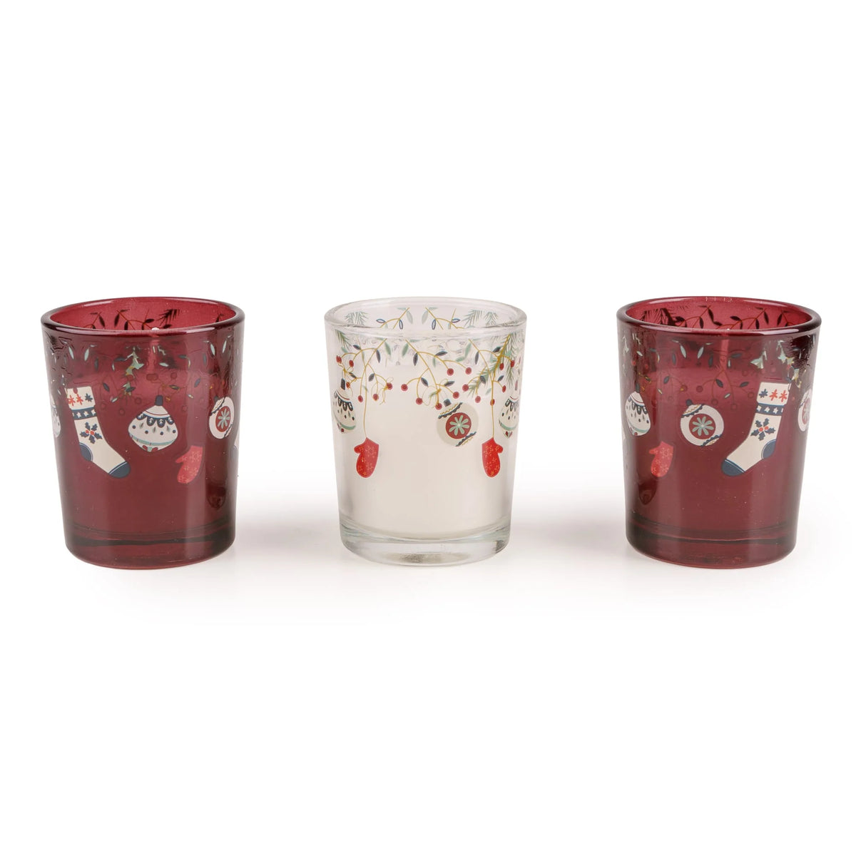 Candlelight Festive Florals Red Stockings & Baubles set of 3 glass votive candles lined up in front of their burgundy gift box