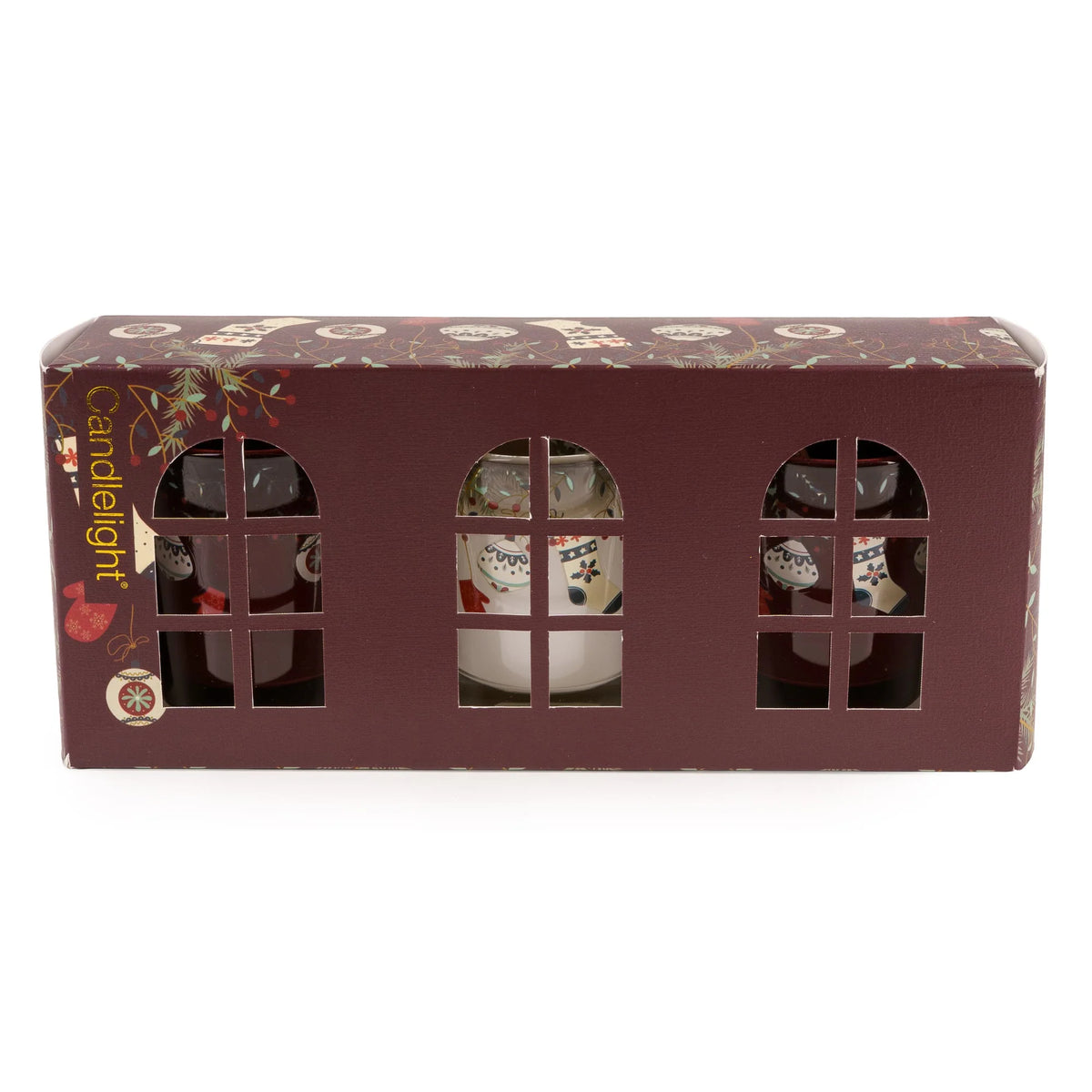 Candlelight Festive Florals Red Stockings & Baubles set of 3 glass votive candles lined up in front of their burgundy gift box