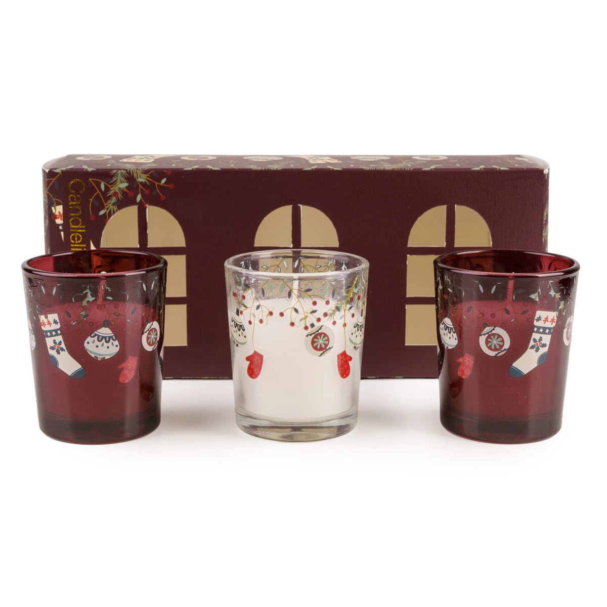 Candlelight Festive Florals Red Stockings & Baubles set of 3 glass votive candles lined up in front of their burgundy gift box