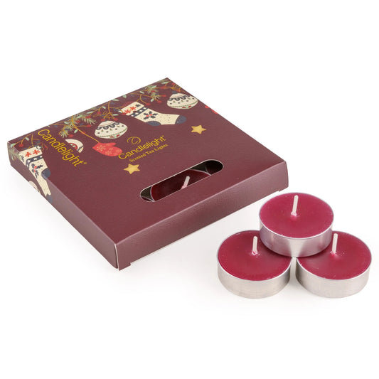 Candlelight Festive Florals Red Stockings & Baubles set of 9 scented tealights displayed next to their red illustrated gift box