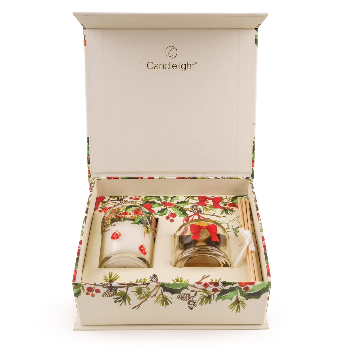 Candlelight Ribbon & Bows cream glass candle and reed diffuser set presented inside a decorated festive floral gift box