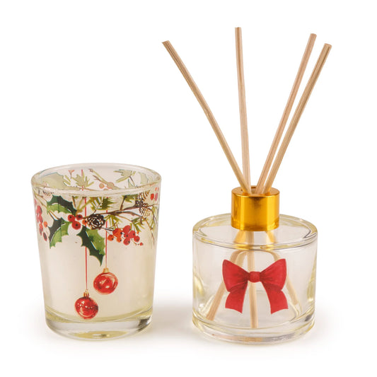 Candlelight Ribbon & Bows cream glass candle and reed diffuser set presented inside a decorated festive floral gift box