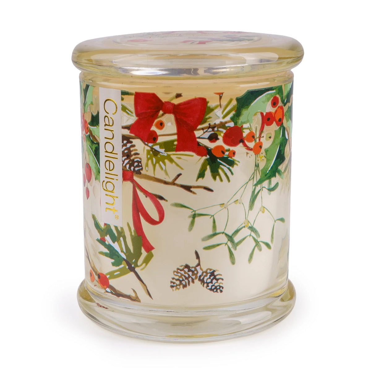 Candlelight Ribbon &amp; Bows cream large glass jar candle shown beside its matching decorated glass lid