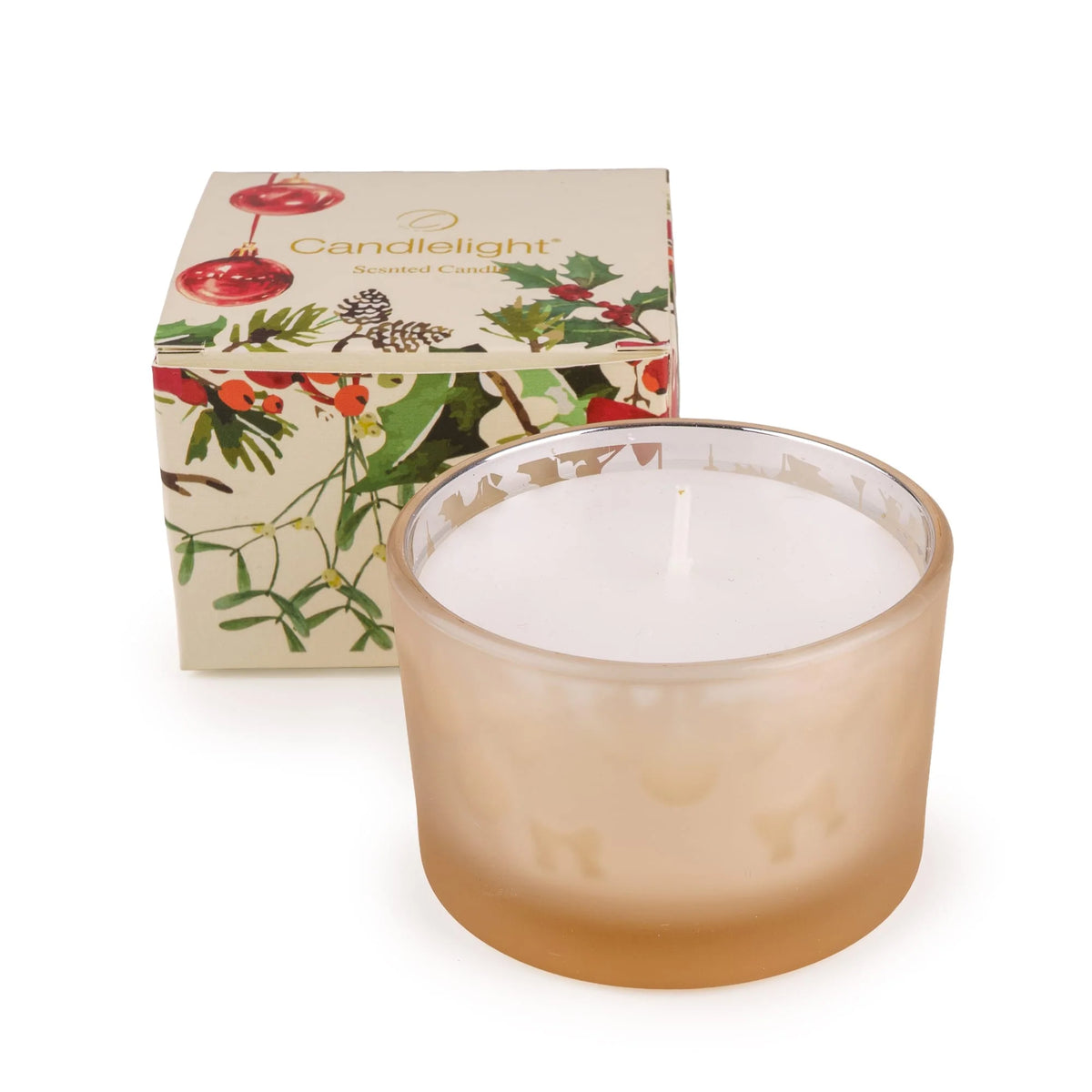 Candlelight Ribbon & Bows cream scented candle in a frosted glass holder alongside its matching festive floral gift box