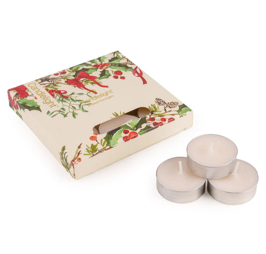 Candlelight Festive Florals Ribbon &amp; Bows in Cream set of 9 scented tealights shown next to their illustrated gift box