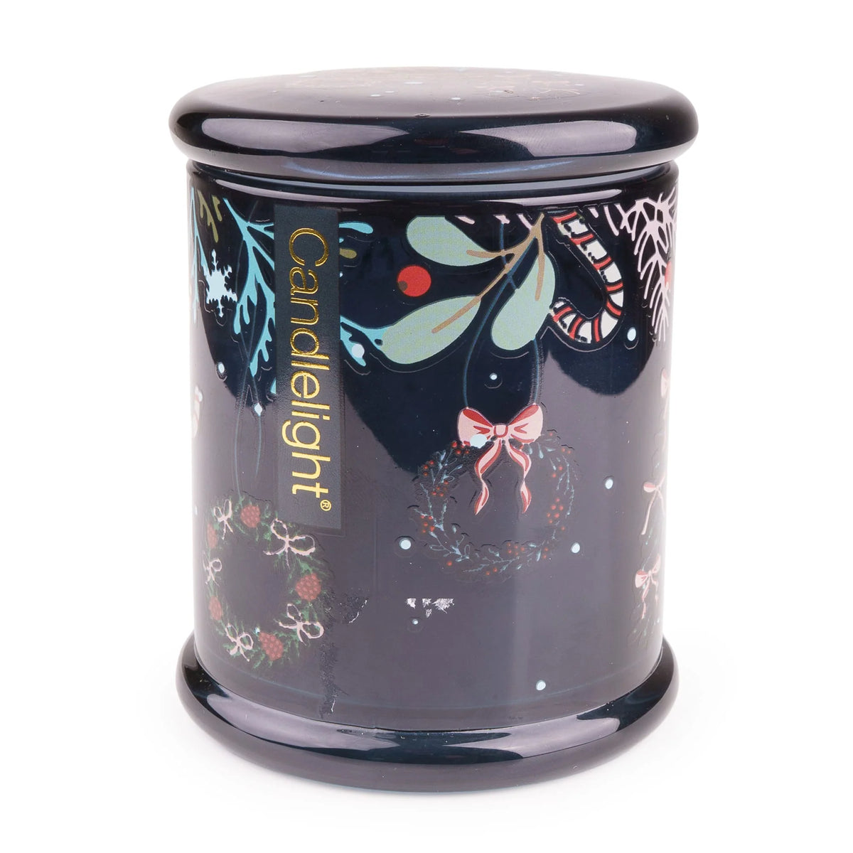 Candlelight Festive Florals Trees in Blue large glass jar candle shown next to its matching decorated glass lid