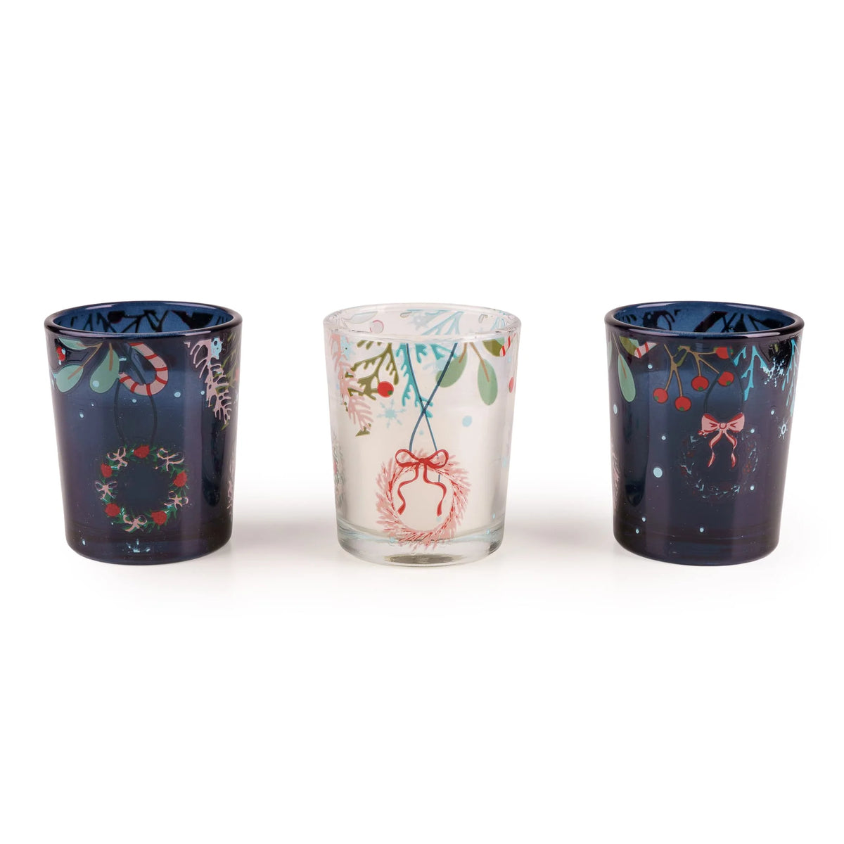 Candlelight Festive Florals Trees in Blue set of 3 glass votive candles displayed in front of their deep blue gift box