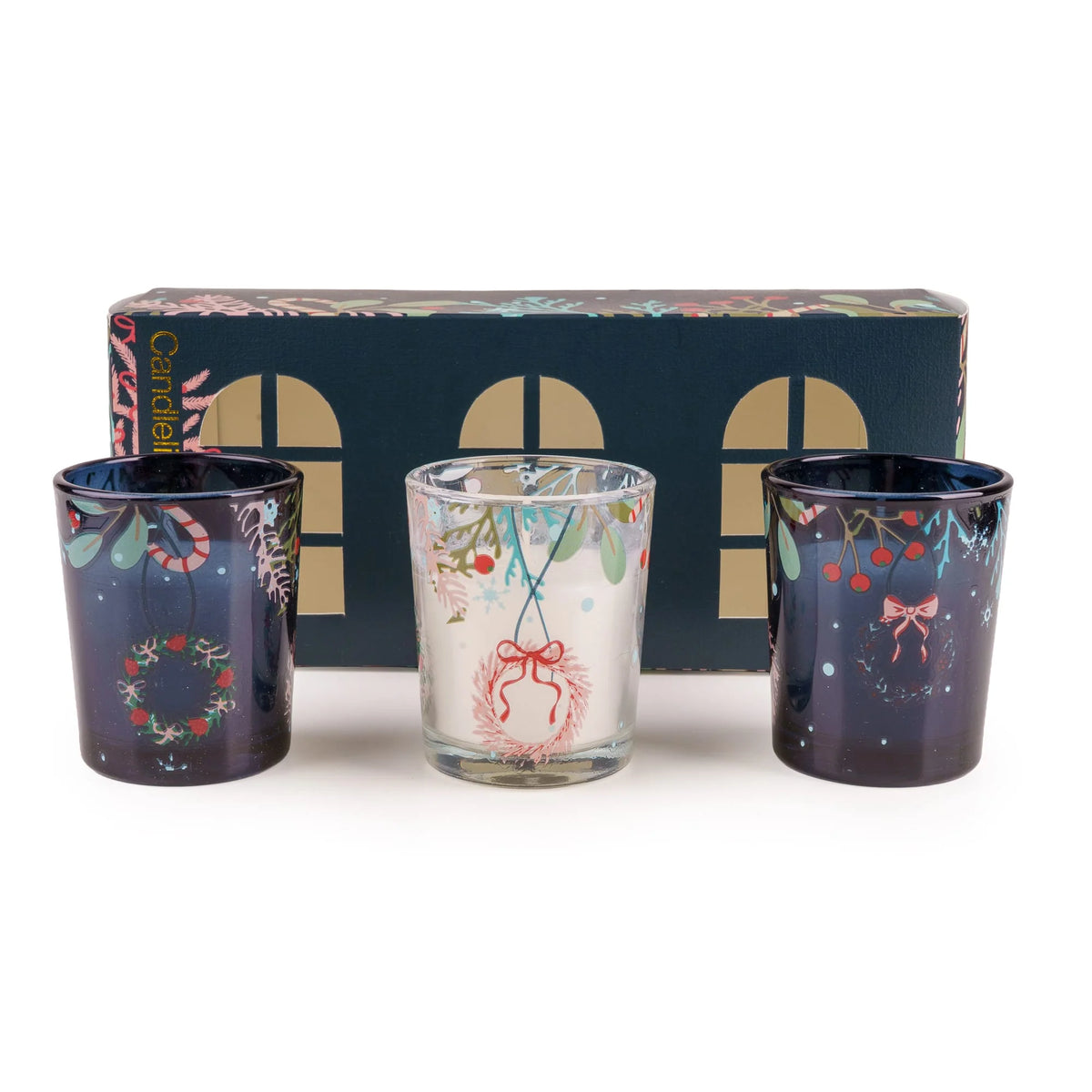 Candlelight Festive Florals Trees in Blue set of 3 glass votive candles displayed in front of their deep blue gift box-3