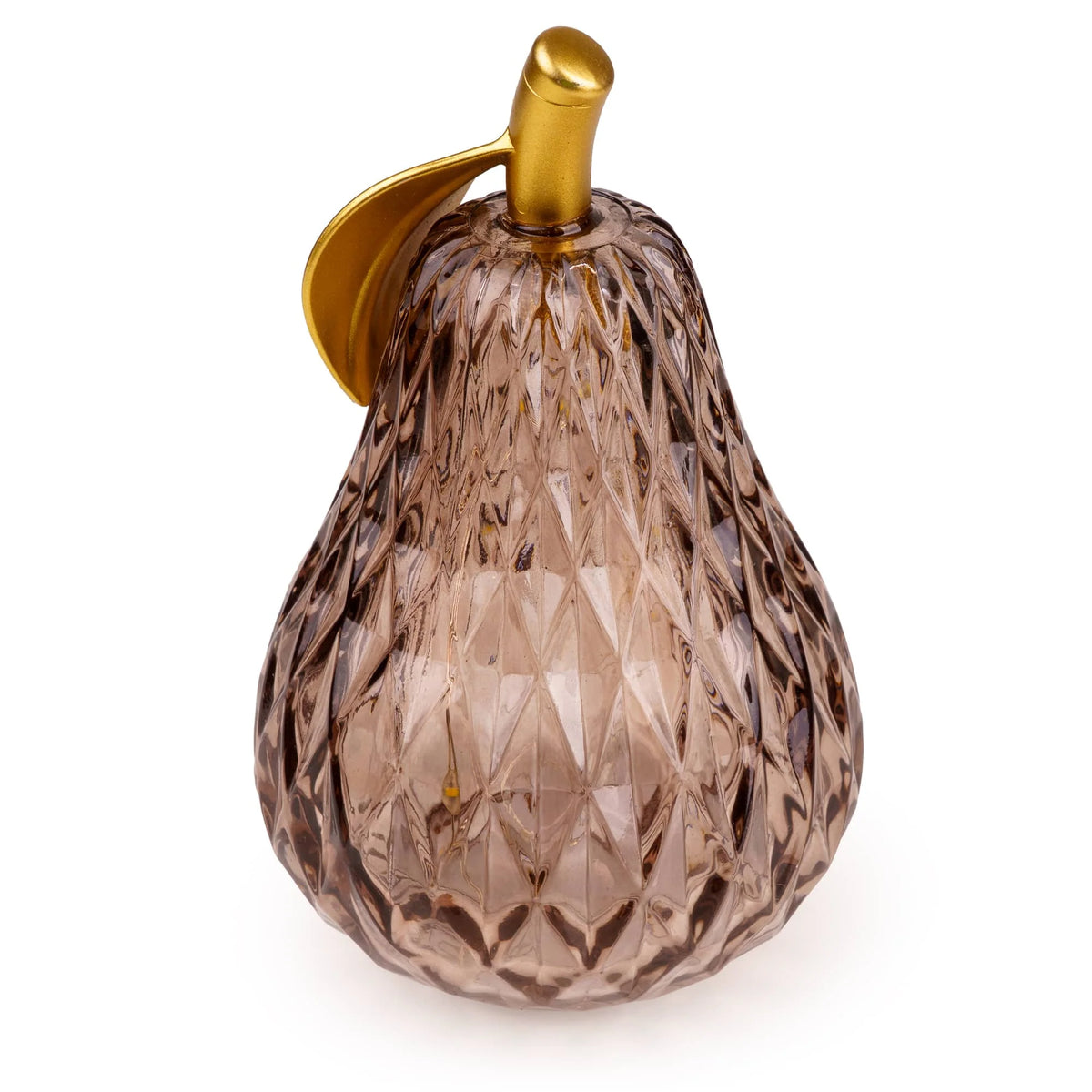Candlelight Fig and Pomegranate amber faceted glass pear LED light with gold stem and leaf detail