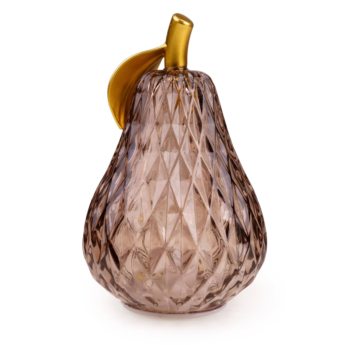 Candlelight Fig and Pomegranate amber faceted glass pear LED light with gold stem and leaf detail