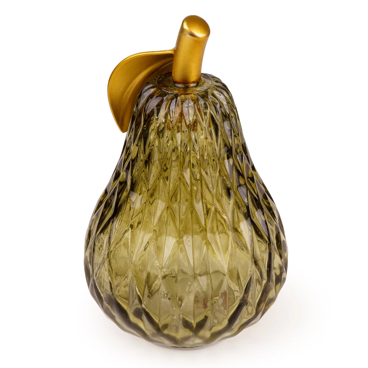 Candlelight Fig and Pomegranate green faceted glass pear LED light with metallic gold stem and leaf detail