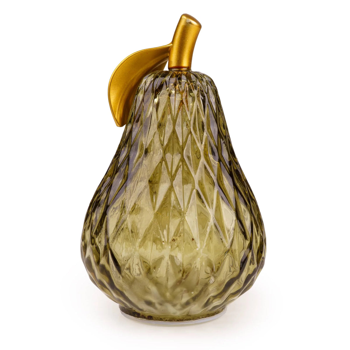 Candlelight Fig and Pomegranate green faceted glass pear LED light with metallic gold stem and leaf detail