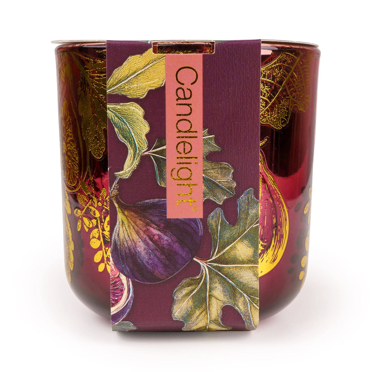 Candlelight Fig and Pomegranate LED candle in a plum glass vessel decorated with metallic gold fig and leaf illustrations