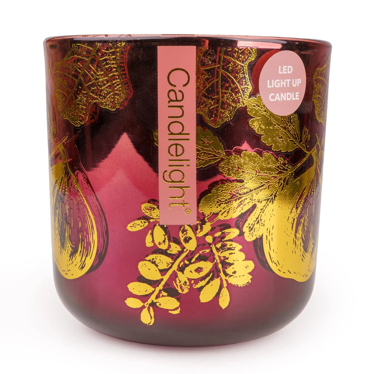 Candlelight Fig and Pomegranate LED candle in a plum glass vessel decorated with metallic gold fig and leaf illustrations
