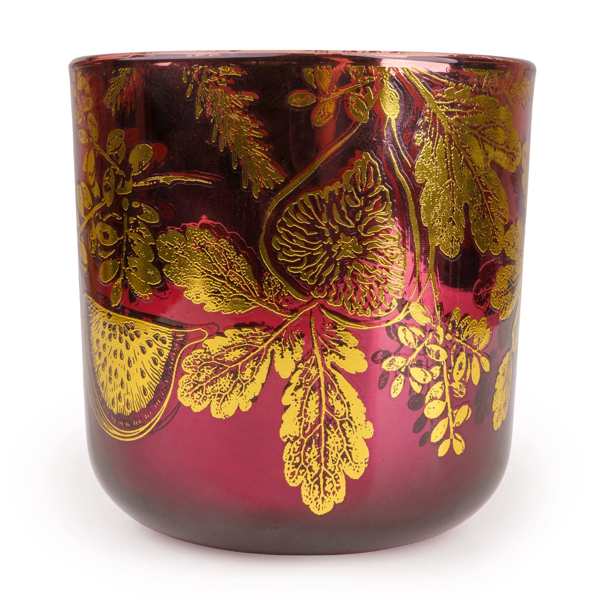 Candlelight Fig and Pomegranate LED candle in a plum glass vessel decorated with metallic gold fig and leaf illustrations