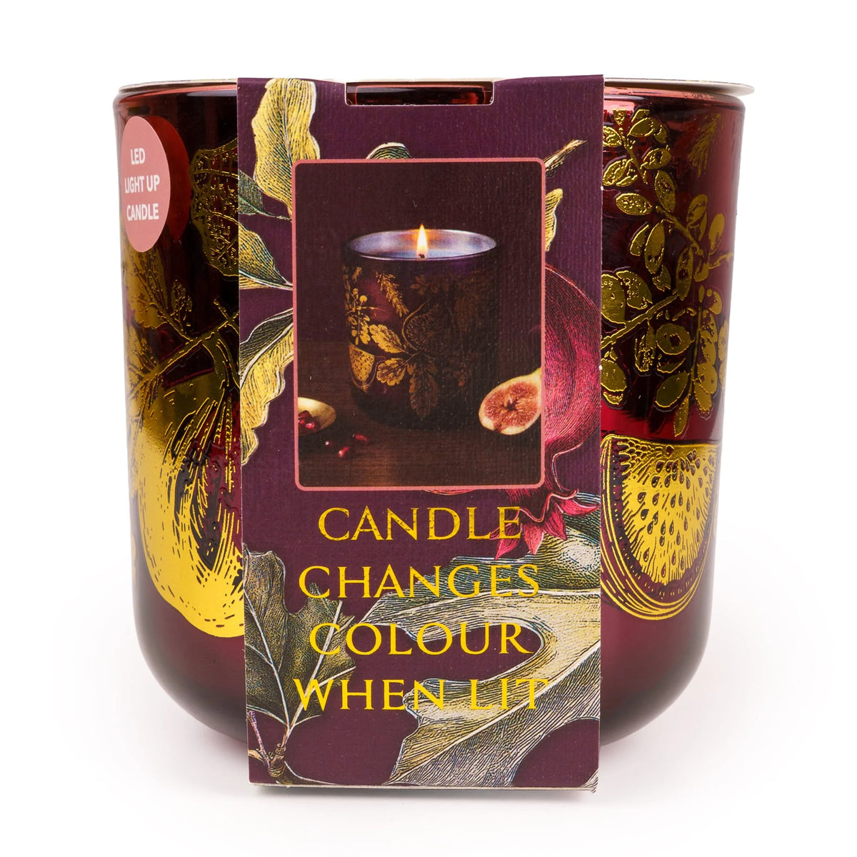 Candlelight Fig and Pomegranate LED candle in a plum glass vessel decorated with metallic gold fig and leaf illustrations