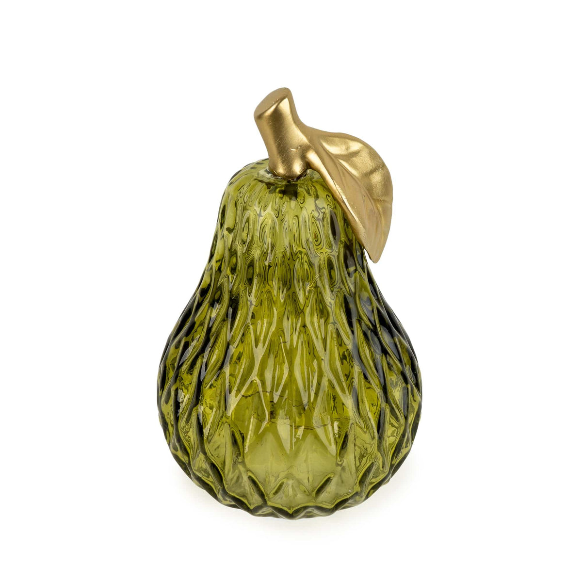 Candlelight Large Green Pear LED light ornament made of textured green glass with a golden stem and leaf