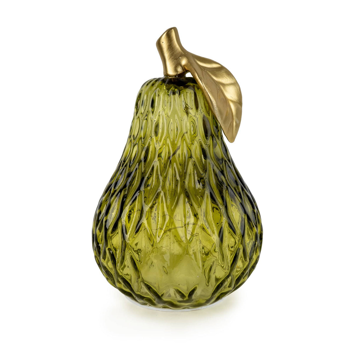 Candlelight Large Green Pear LED light ornament made of textured green glass with a golden stem and leaf