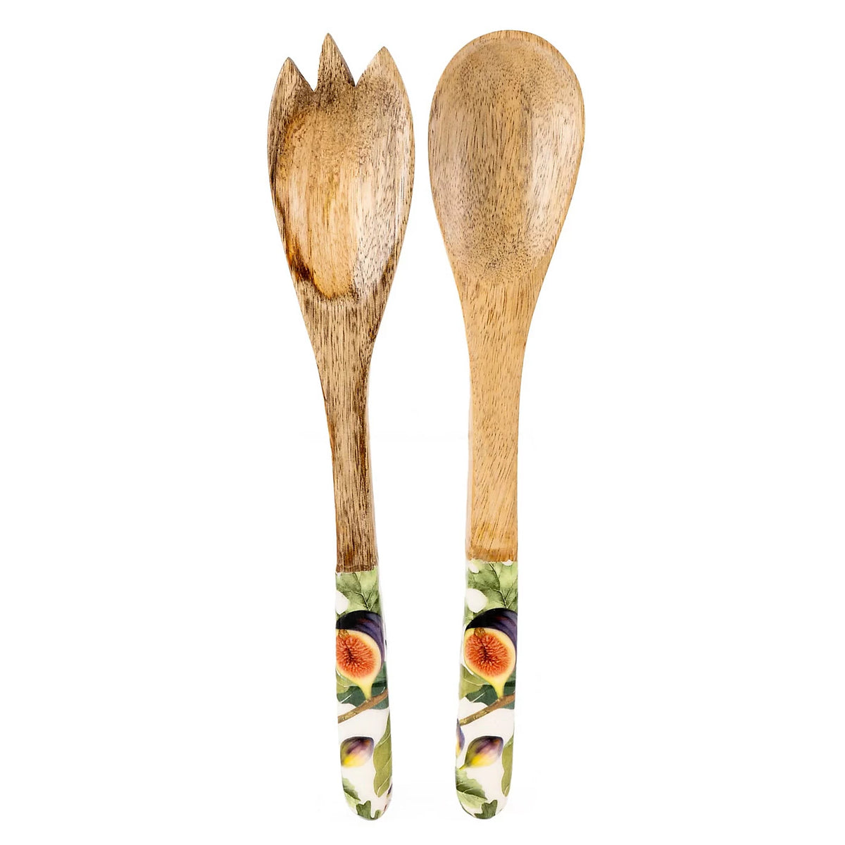 Candlelight handcrafted mango wood spoon and fork serving set with decorative fig pattern handles