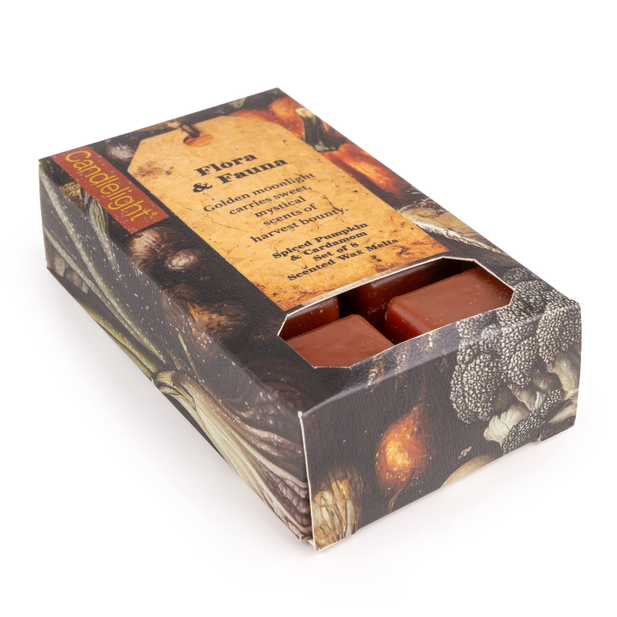 Candlelight Flora and Fauna 8 pack Spiced Pumpkin and Cardamom scented wax melts in rustic harvest packaging