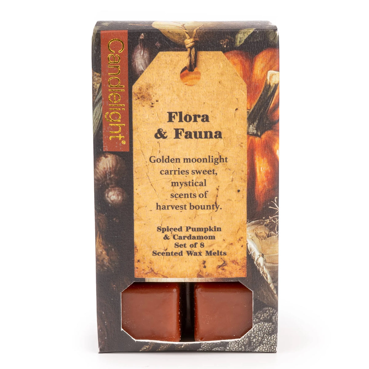 Candlelight Flora and Fauna 8 pack Spiced Pumpkin and Cardamom scented wax melts in rustic harvest packaging