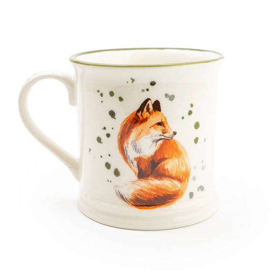 Candlelight Fox 13cm ceramic tankard mug featuring an illustrated fox design and green trim