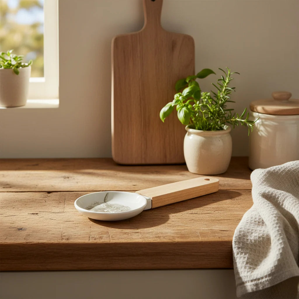 Candlelight Highland Cow spoon rest with glazed ceramic dish and natural wood handle resting on a wooden kitchen worktop