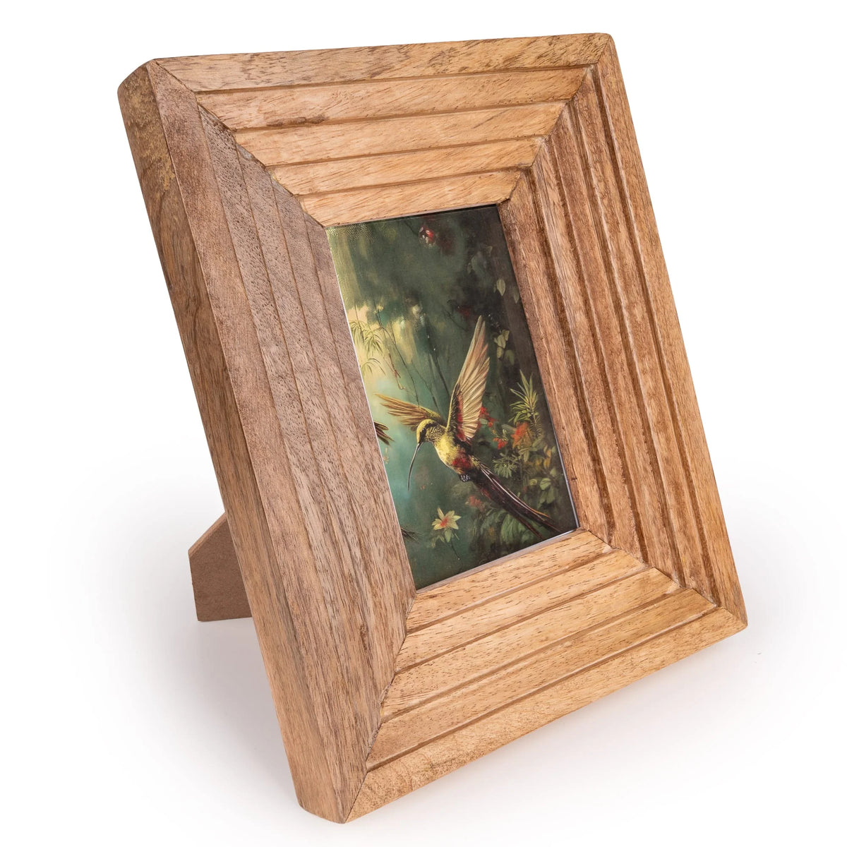 Candlelight Hummingbird natural wood 4x6 photo frame with stepped ridged border and easel stand