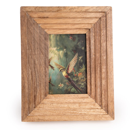 Candlelight Hummingbird natural wood 4x6 photo frame with stepped ridged border and easel stand