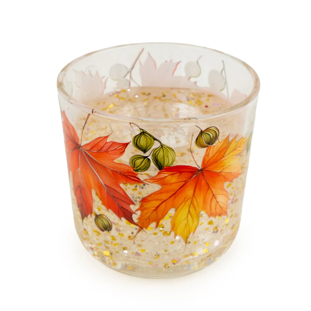 Candlelight Maple and Cardamom flameless LED candle in a printed clear glass holder featuring autumn leaf artwork and sparkling gel