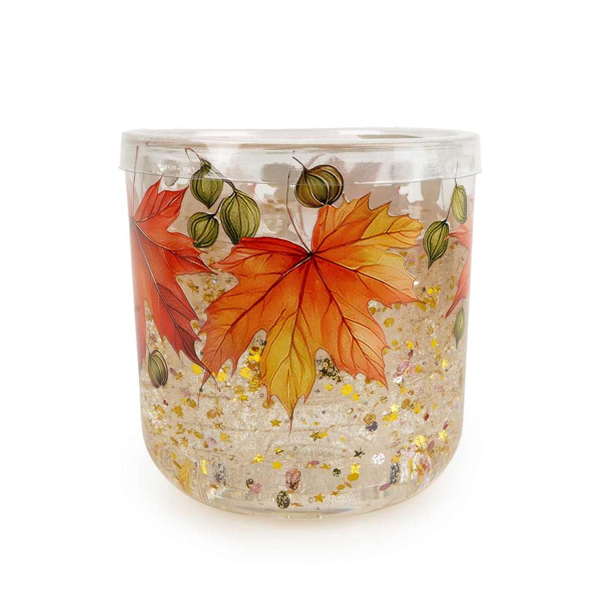 Candlelight Maple and Cardamom flameless LED candle in a printed clear glass holder featuring autumn leaf artwork and sparkling gel