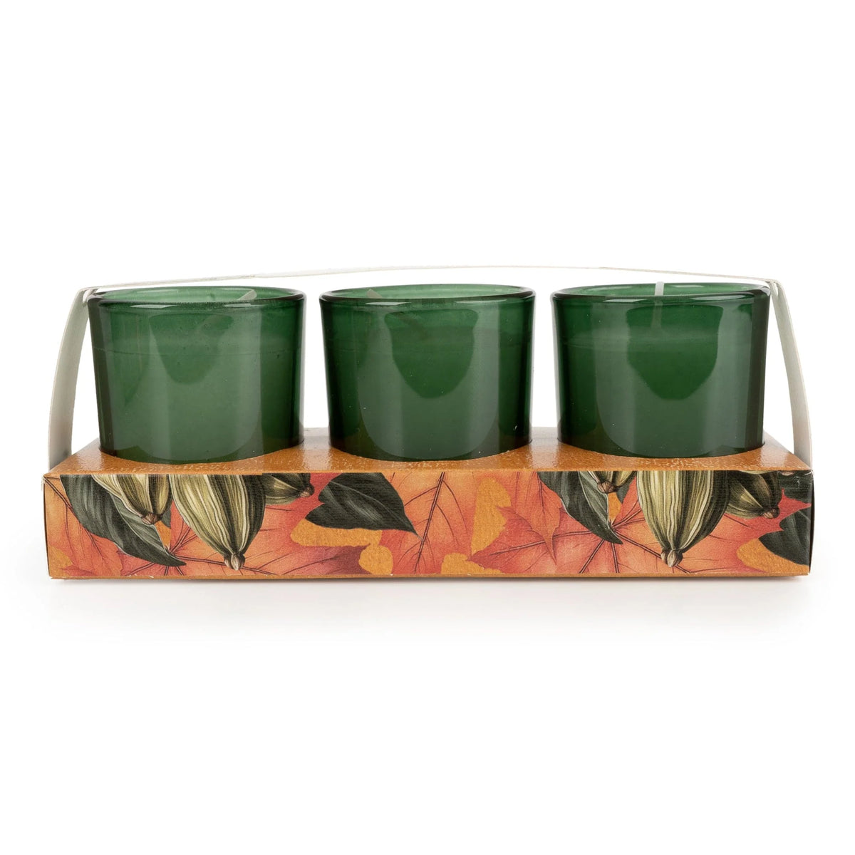 Candlelight Maple and Cardamom set of 3 mini votive candles in green glass holders presented in autumn leaf patterned packaging