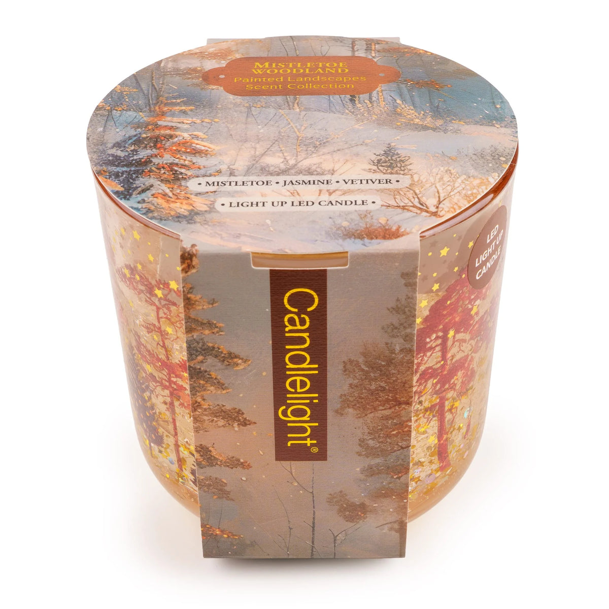 Candlelight Mistletoe Woodland LED candle in a tinted glass holder with painted pine trees and gold star details