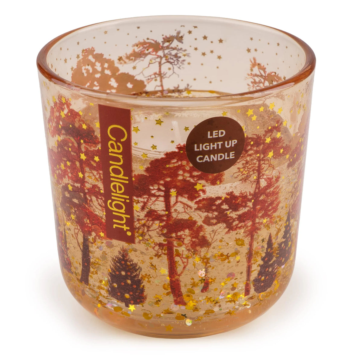 Candlelight Mistletoe Woodland LED candle in a tinted glass holder with painted pine trees and gold star details