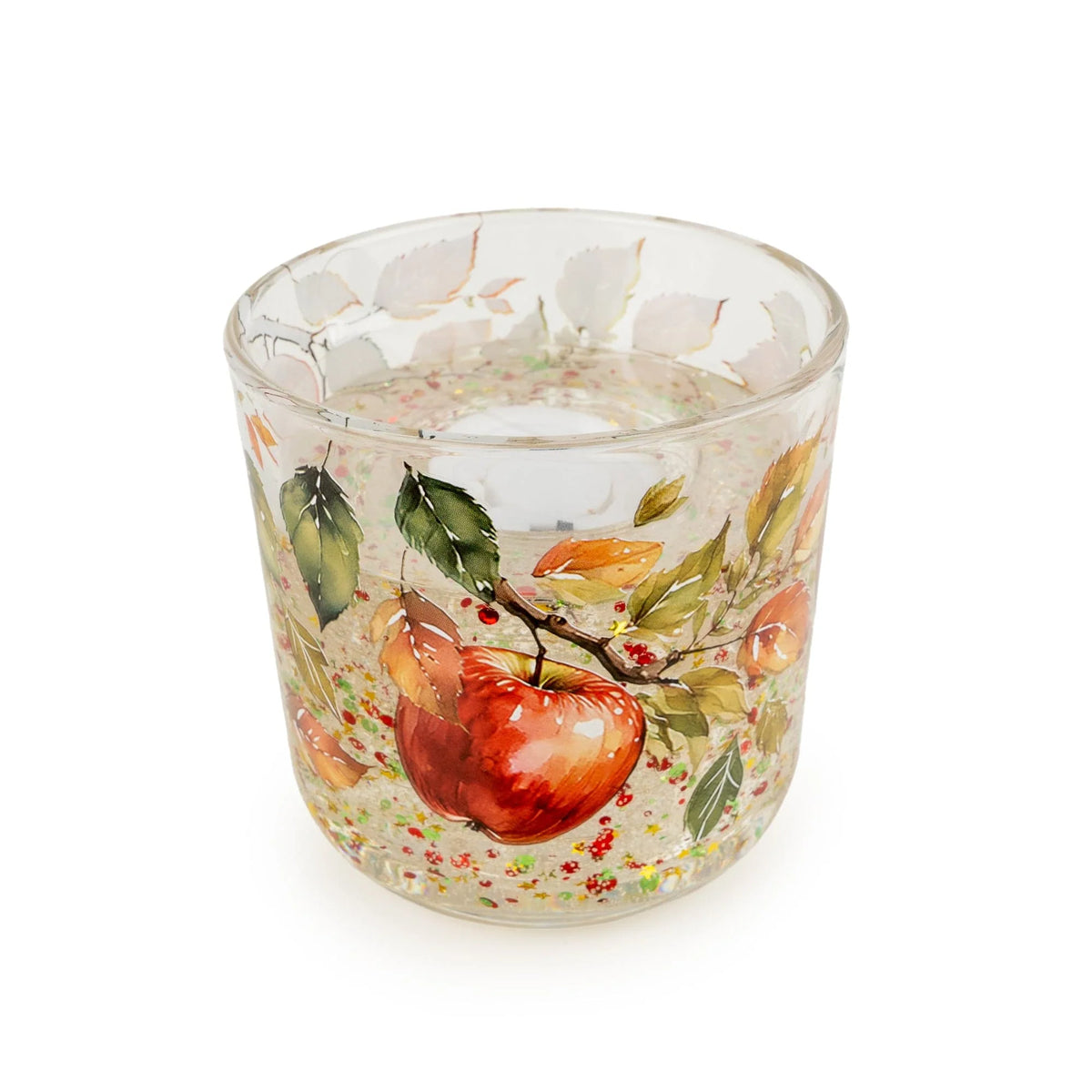 Candlelight Orchard Apple and Nutmeg LED candle in a printed clear glass jar with apple artwork and glitter detail