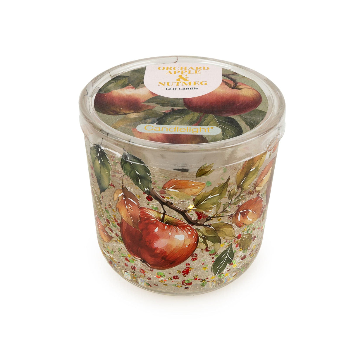 Candlelight Orchard Apple and Nutmeg LED candle in a printed clear glass jar with apple artwork and glitter detail
