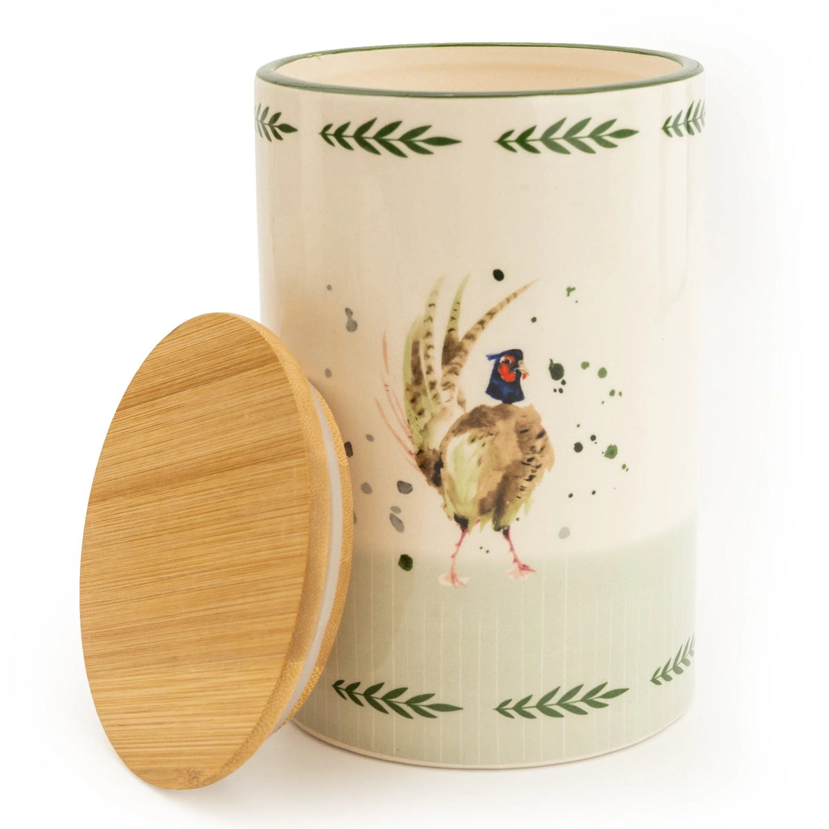 Candlelight 17cm ceramic storage jar featuring a pheasant illustration next to its fitted wooden lid with silicone seal